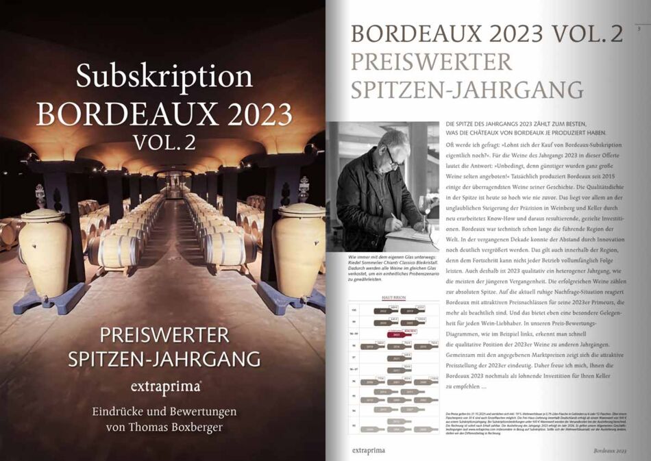Extraprima Newsletter Bordeaux Subskription 2023 – preiswerter Spitzenjahrgang.